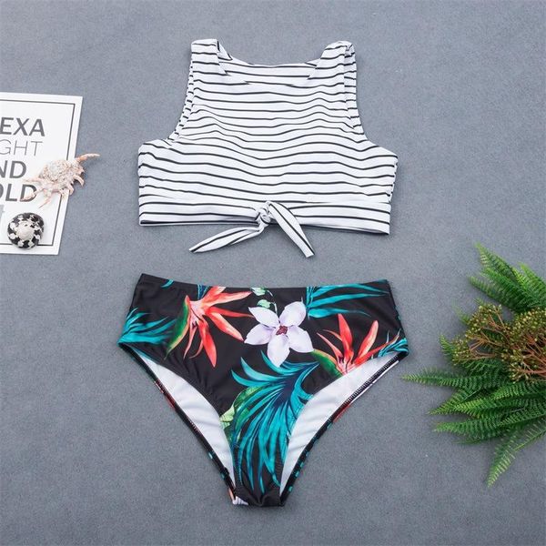 

bikinis set high neck bikini floral print swimsuit waist bandage swimwear stripe biquini solid tankini bathing suit crop top