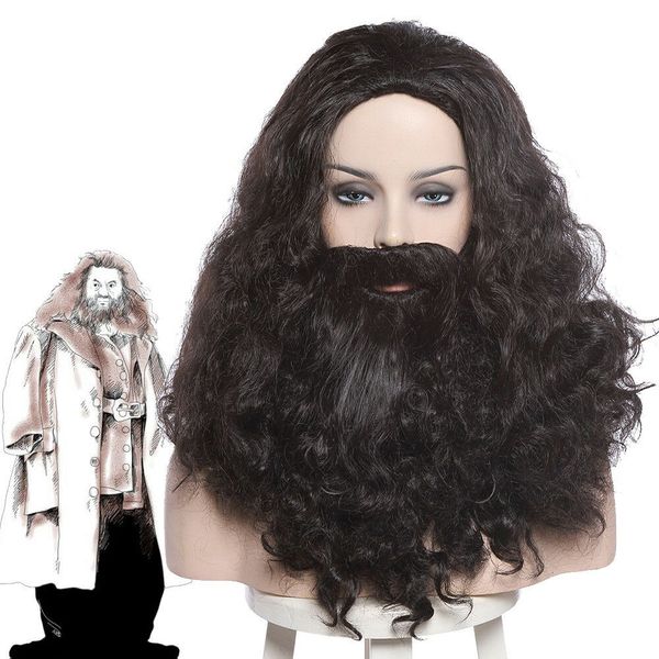 

hp rubeus hagrid cosplay wig curly wavy black long synthetic hair with beard whiskers halloween + wig cap