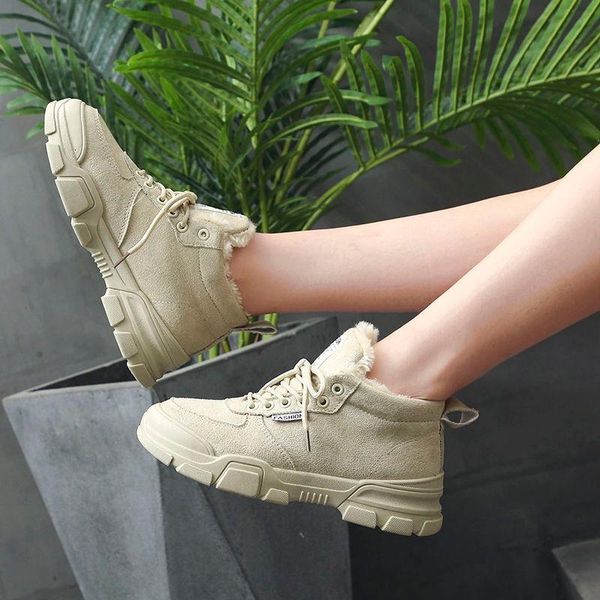 

boots women winter sneakers warm fur chunky ladies comfortable platform plush casual shoes lace up woman vulcanized, Black