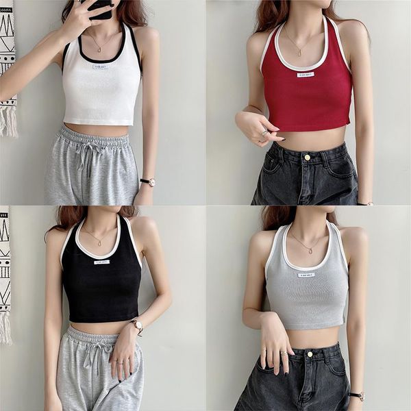 

women's tanks & camis y2k aesthetic women all-match knitted halter vest fashion letter label u-neck exposed navel sleeveless 2021 simpl, White
