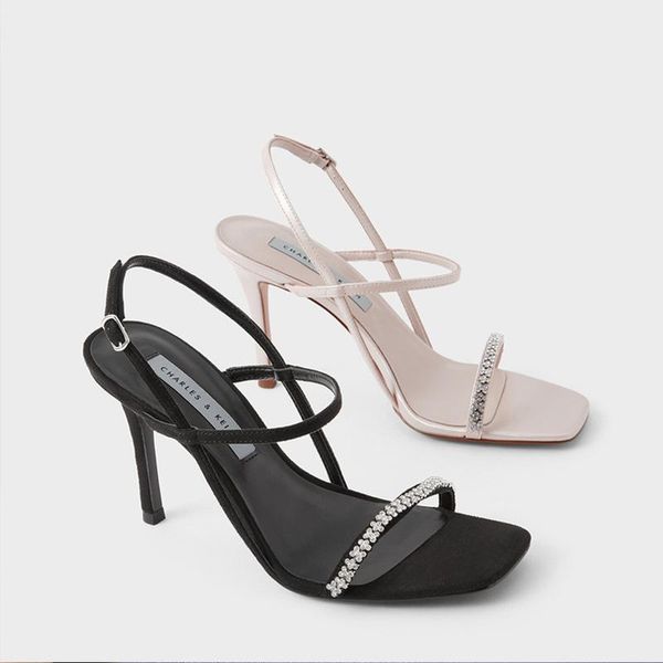 

sandals women's 2021 summer rhinestone decoration square toe stilettos sexy, Black