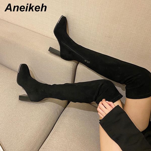 

boots aneikeh women high 2021 flock&pu elegant square heels non-slip platform fashion round toe shoes party slip-on, Black