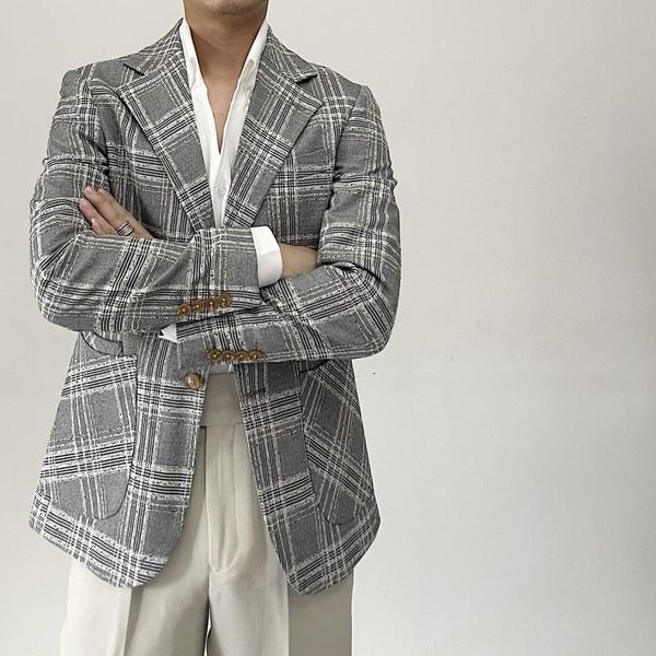 

men's suits & blazers 2021 men's fashion big collar slim fit casual suit blazer homme korea commuter plaid jacket trendy men mascul, White;black