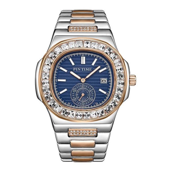 Orologi da polso Orologio da uomo classico alla moda Quadrante blu Acciaio inossidabile Baguette Diamante Ghiacciato Movimento al quarzo Tutti i lavori Montre