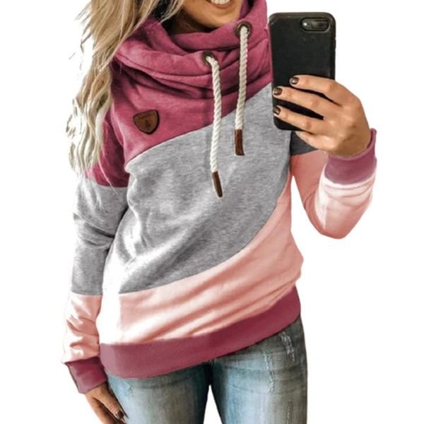 

women's hoodies & sweatshirts autumn women three-color stitching drawstring hooded casual fashion with cap collar long sleeve plus siz, Black