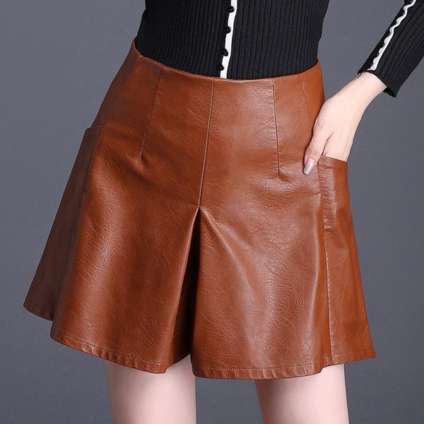 

women's shorts shuchan skirts pu leather high waisted femme korean with pockets big size style black red 3353, White;black