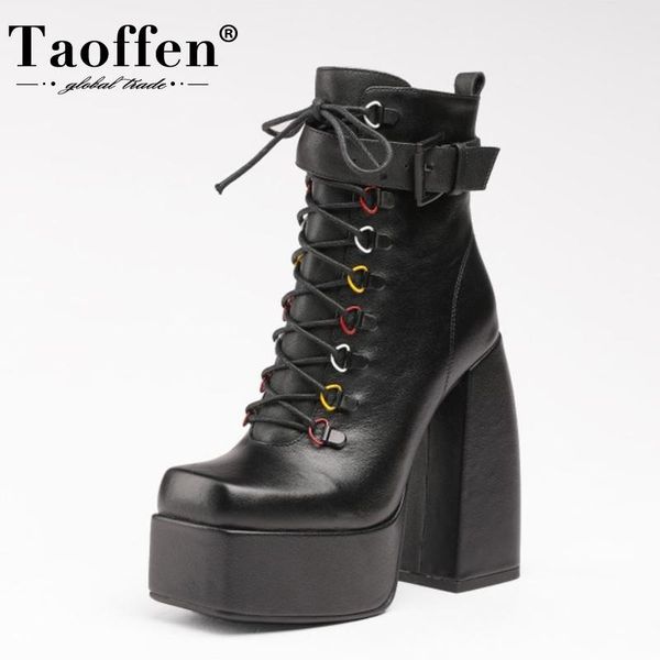 

boots taoffen 2022 real leather women ankle shoes chunky high heel platform lace up punk style party female footwear size 35-40, Black