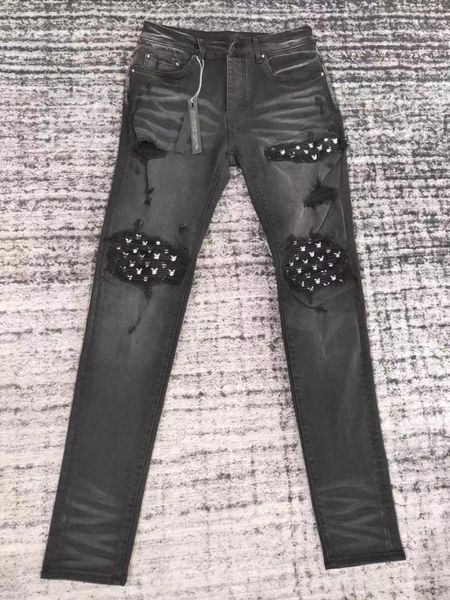 

men's jeans men prints ribbed pu leather patch distressed, Blue