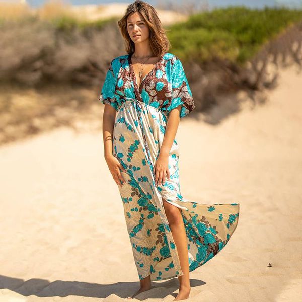

multicolored bikini cover-ups v-neck half sleeve boho summer beach dress plus size beachwear swimsuit cover up n1201 women's swimwear, White;black