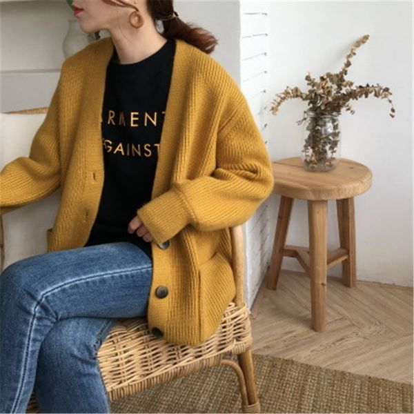 

women's knits & tees yellow female sweater with long sleeve v-cleavage cleavage, large cardigan pockets, casual knitted or crocheted, j, White