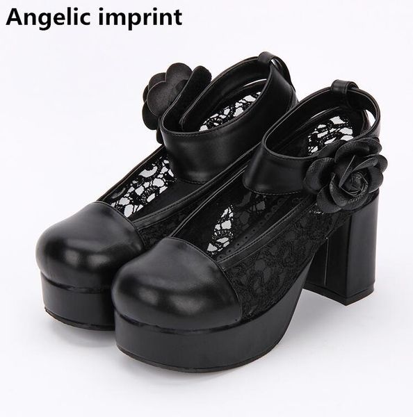 

dress shoes angelic imprint woman mori girl lolita cosplay lady high heels pumps women princess party lace flower 33-47, Black