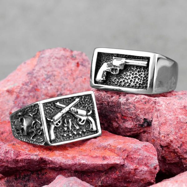 

revolver pistol gun square stainless steel mens rings punk hip hop for male boyfriend biker jewelry creativity gift wholesale cluster, Golden;silver