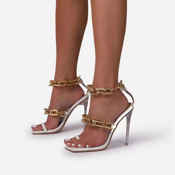 

sandals 2021 summer fashion catwalk high heels large size female chain square women pumps open toe stiletto party shoes, Black