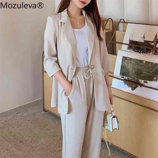 

summer women 2 pieces set casual single button jacket & elastic waist female blazer pant suit 210416, White