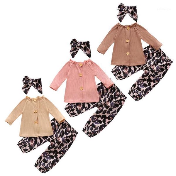 

baby & children's 0-24m born girl's suit solidboat neck ribbing buttoned leopard loose trousers +bow headband clothing sets1, White