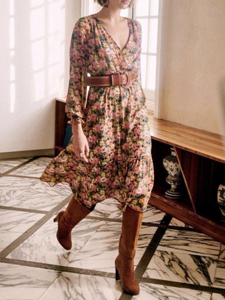 

casual dresses women's long sleeve dress oil painting floral two pieces set v-neck elastic waist female robe 2021, Black;gray