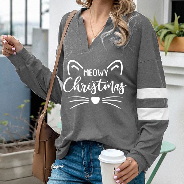 

2021 autumn women's fashion v-neck cat print casual long sleeve sweater, Black