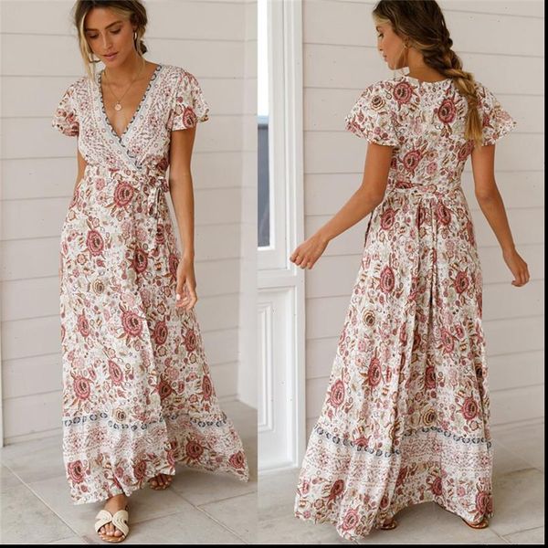 

holiday long dress women sleepwear boho dresses floral v neck maxi summer beachwear sundress, Black;red