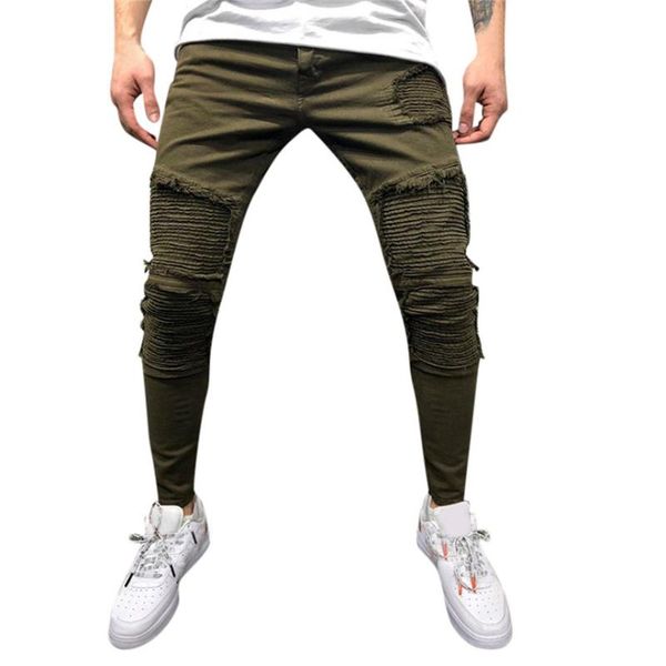 

men's pants klv men autumn fashion slim holes pleated pocket jeans long casual pantalon homme, Black