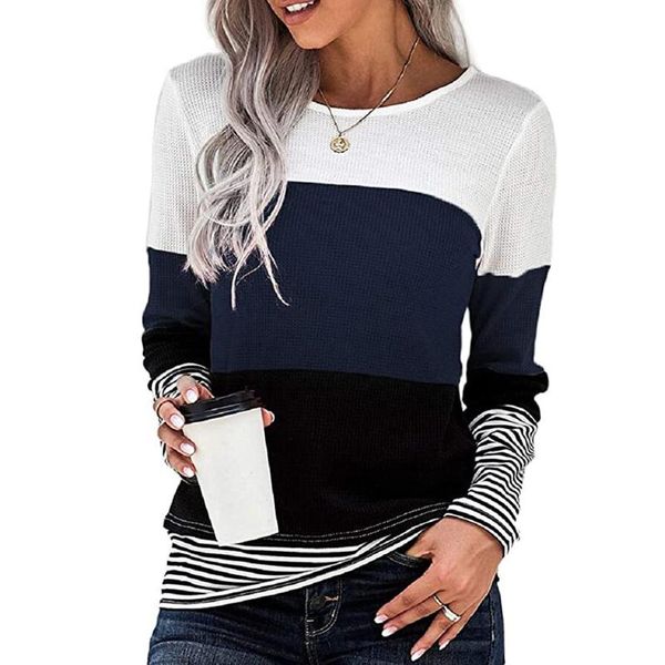 

women's t-shirt fashion cotton autumn winter long-sleeved striped 0-neck stitching sweatershirt loose female clothes, White