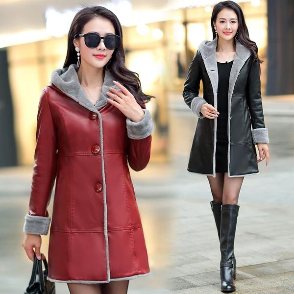 

women's leather & faux women autumn winter coat 2021 slim warm soft pu fur jacket hooded long coats plus size 6xl, Black