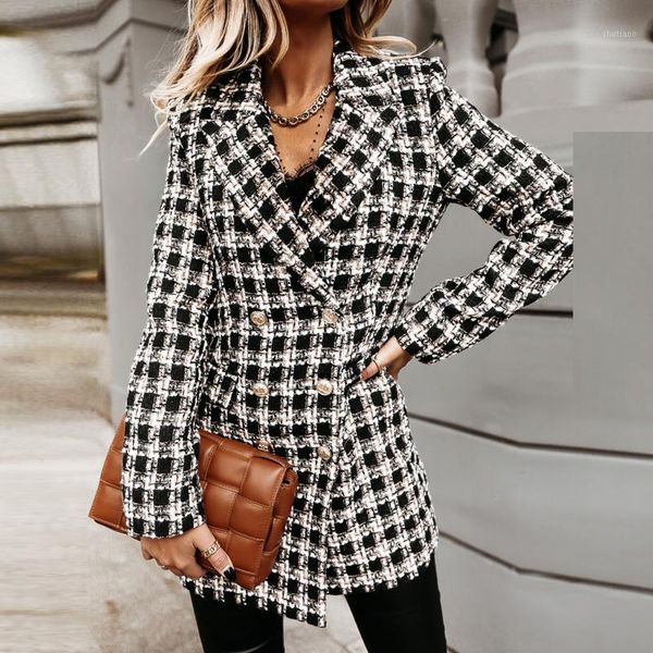 

women's wool & blends 2021 autumn and winter ladies woolen print lapel mid-length coat fashion blazers for woman elegant female street, Black