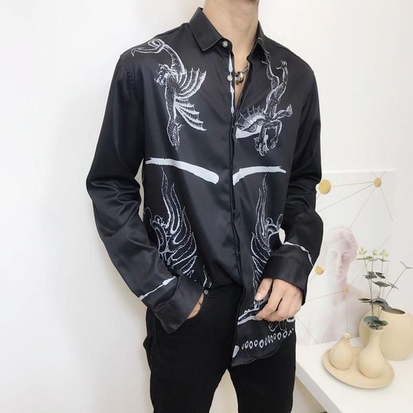 

fashion digital dragon printed shirt men brand long sleeve party club black 2021 youth high street versatile men's casual shirts, White;black