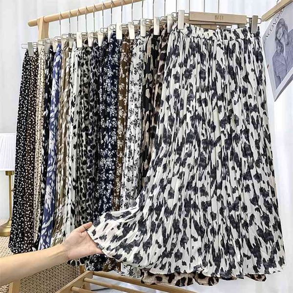 Croysier Moda Zarif Vintage Leopar Baskı Pileli Etek Elastik Yüksek Bel Uzun Etekler Kadınlar Için Yaz Şifon Midi Etek 210730