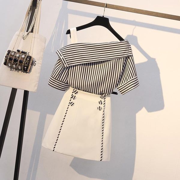 

two piece dress plus size summer office ladies striped koren shoulder nd mini high wist line skirt defines femle second piece together njcd, White