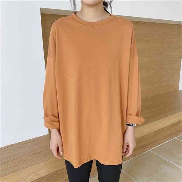 Übergroße solide lose frauen T-shirt T-Shirts Vollarm Oansatz Basic Long Tops Casual Mode Koreanische Damen T-shirts Femme 210513