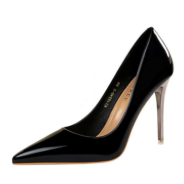 

dress shoes metal heel super high-heeled shiny patent leather shallow mouth pointed nightclub was thin, Black