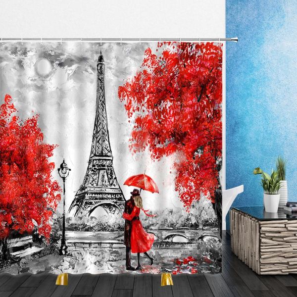 

landscape shower curtains painting iron tower red leaves scenery 3d print bathroom home decor waterproof polyester cloth curtain