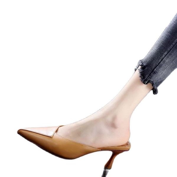 

dress shoes simple temperament baotou mid-heel pointed slippers, women's sandals, summer all-match commuter stilettos women slippers, Black