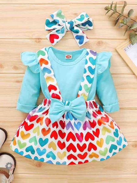 

baby girl ruffle trim bodysuit & heart print suspender skirt & headband she, Blue