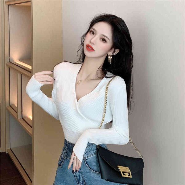 

autumn and winter fashion tight-fitting solid color cross-neck blouse women's design sense slim slimming long-sleeved sweater 210412, White;black