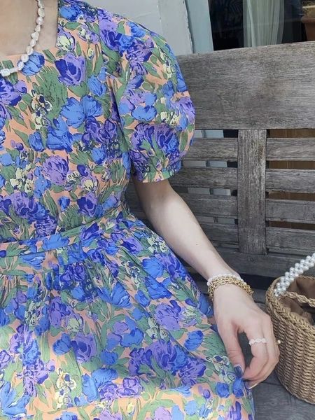 

casual dresses cmaz official figure retro puff sleeve floral oil painting dress for women q49g, Black;gray