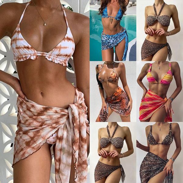 

women's swimwear 3 piece bikini set with cover up beach dress tie dye push biquini brazilian women thong bikinis 2022 mujer, White;black