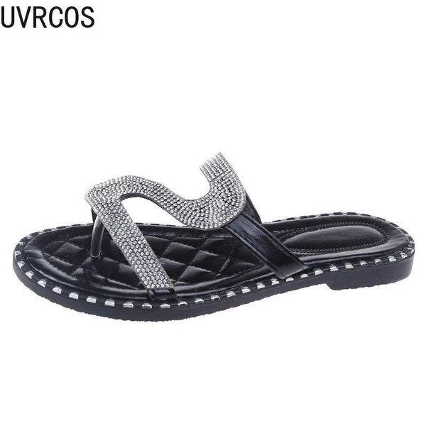 

women's slippers personalized vamp decals fashion all-match rhinestone decoration trend outdoor shoes, Black
