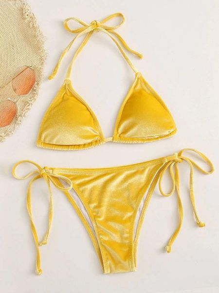 

women's swimwear velvet bikini 2021 women solid purple push up triangle swimsuit halter high cut bathers bandage bathing suit, White;black