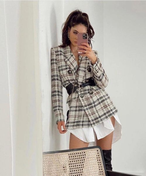 

women's suits & blazers women's vintage plaid tweed blazer coat double breasted long sleeve jacket ladies elegant office suit outwe, White;black