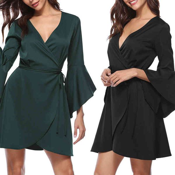

dress female style satin with cleavage v ladies long sleeves dressed in wl66 lace, Black;gray