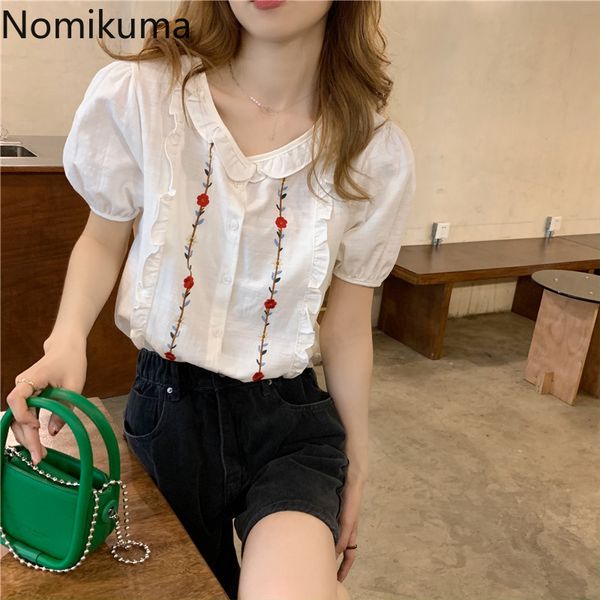 

nomikuma flower embroidery short sleeve blouse women o neck single breasted korean shirts single breasted blusas mujer 210514, White
