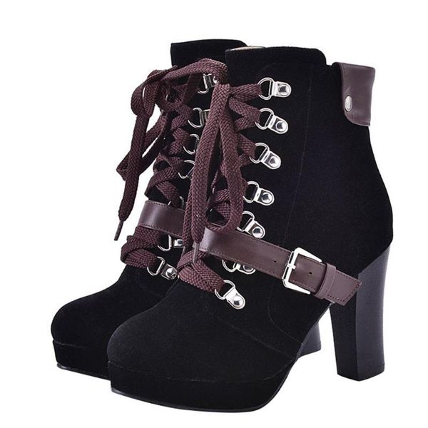 

boots keep warm plush platform ankle women lace up buckle high heels waterproof winter shoes woman black booties mujer