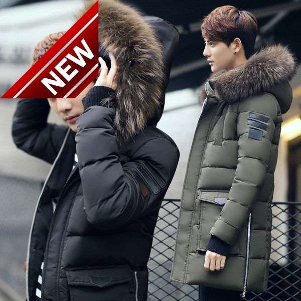 

-30 degree winter men's long style white duck down jacket youth fashion hooded thick windbreaker big fur collar warm coats, Black