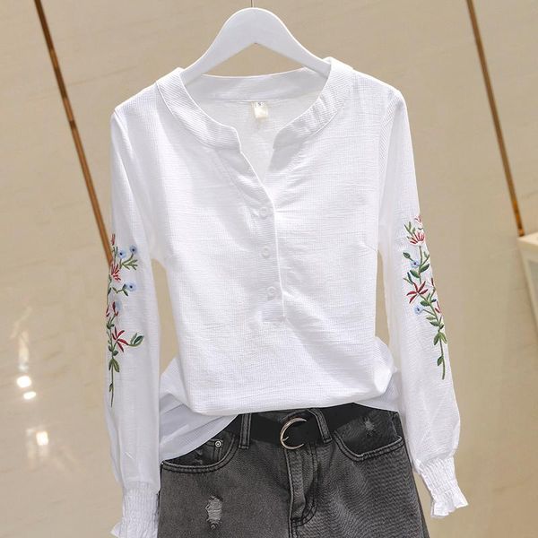 

cotton slim women t-shirts 2021 summer v-neck emboridery long-sleeved female all match casual tees women's t-shirt, White