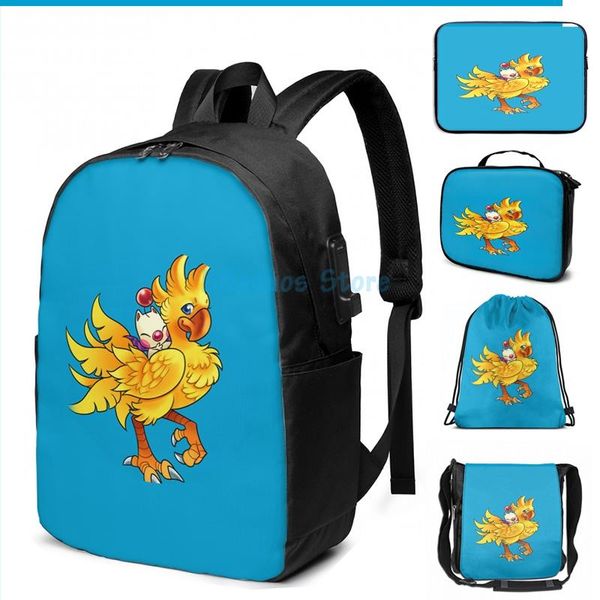 Impressão gráfica engraçada ChocoBo N Moogle Carregamento USB Backpack Homens Sacos de Escola Saco de Mulheres Travel Portátil