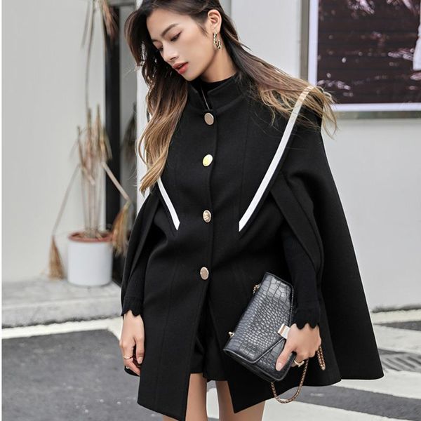 

women's wool & blends 2021 spring autumn women cashmere cape coat stand-up collar single-breasted bat sleeve lady woolen blended overco, Black