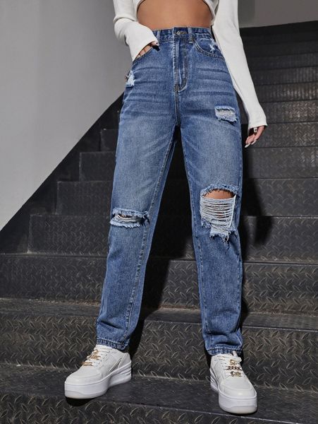 

high waist ripped frayed mom jeans u3vc#, Blue