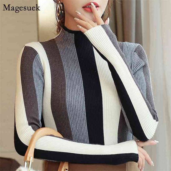 

autumn turtleneck knitted sweater women korean long sleeve pullovers striped slim woman s 1327 45 210512, White;black