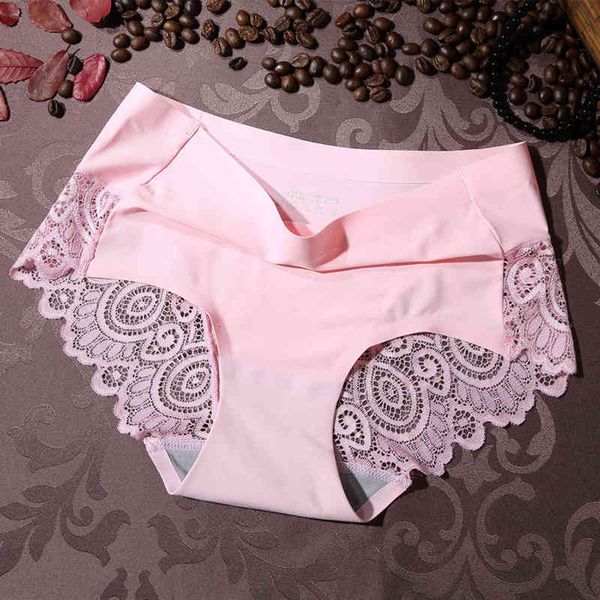 

women's lace panties seamless underwear soft comfortable smooth ice silk underpants breathable cotton crotch elastic briefs, Black;pink